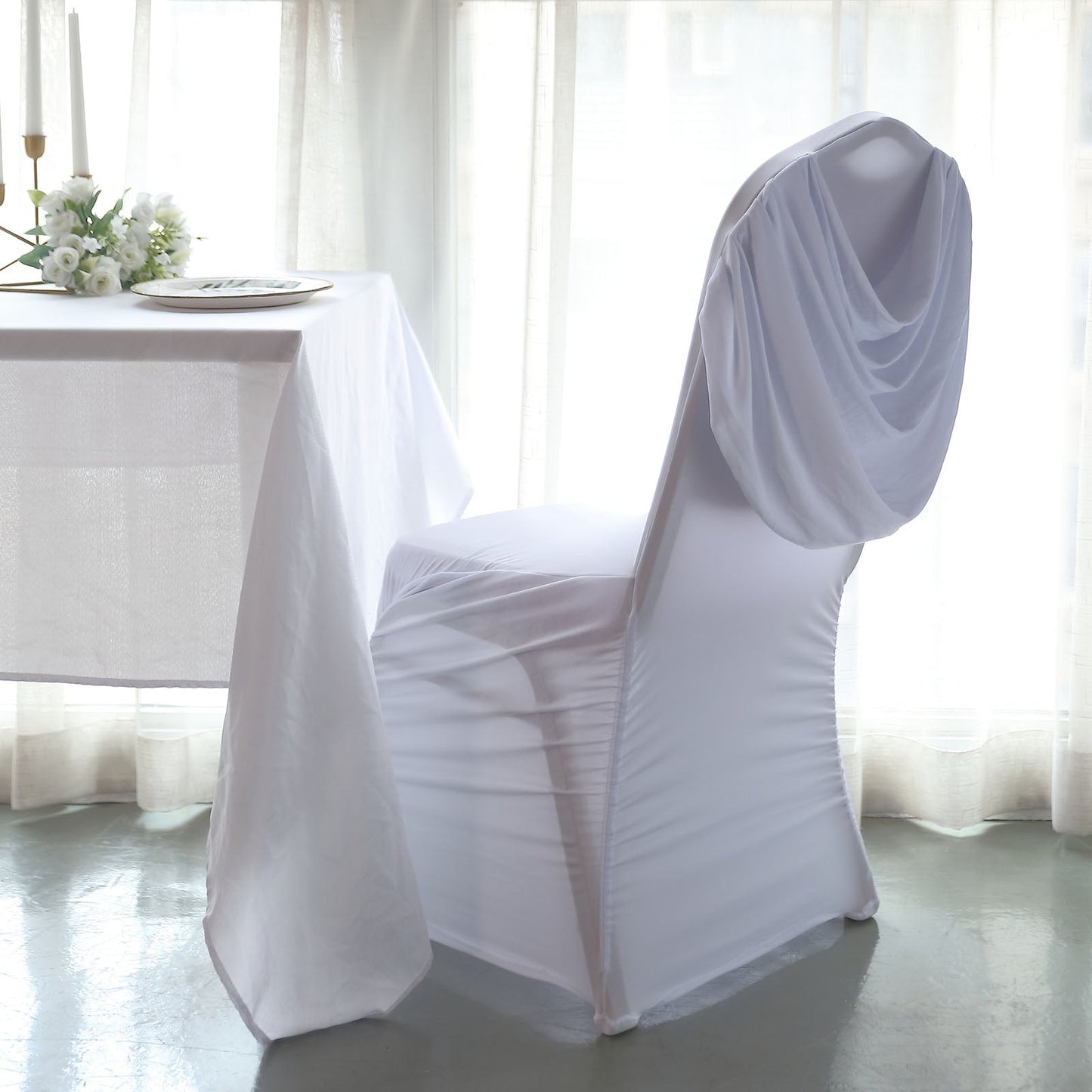 White Ruched Swag Back Spandex Fitted Banquet Chair Cover