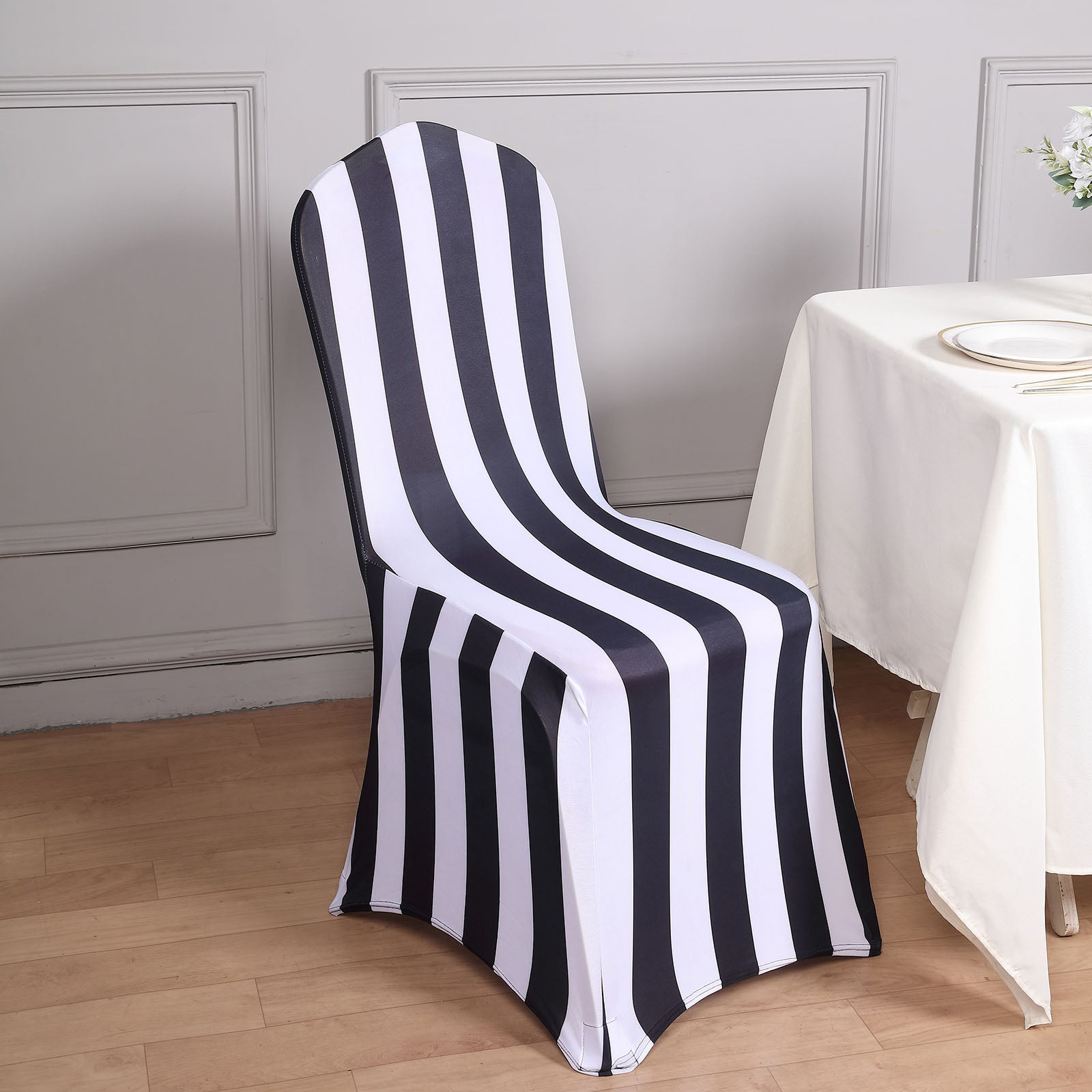 Black and White 2inch Striped Spandex Stretch Fitted Banquet Chair Cover