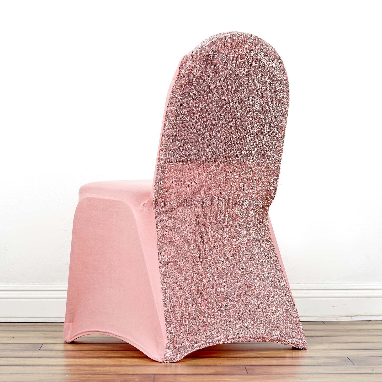 Rose Gold Spandex Stretch Banquet Chair Cover, Fitted with Metallic Shimmer Tinsel Back