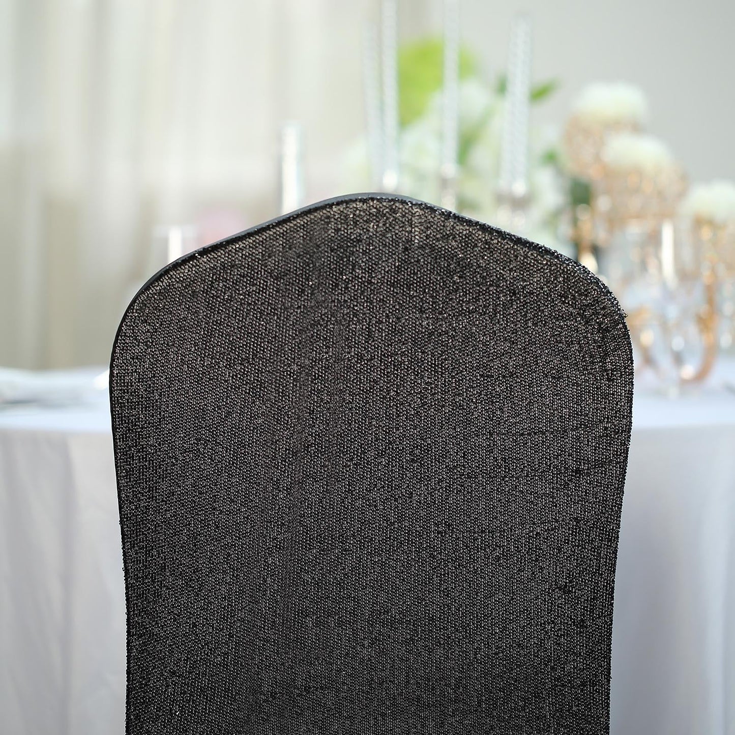 Black Spandex Stretch Banquet Chair Cover, Fitted with Metallic Shimmer Tinsel Back