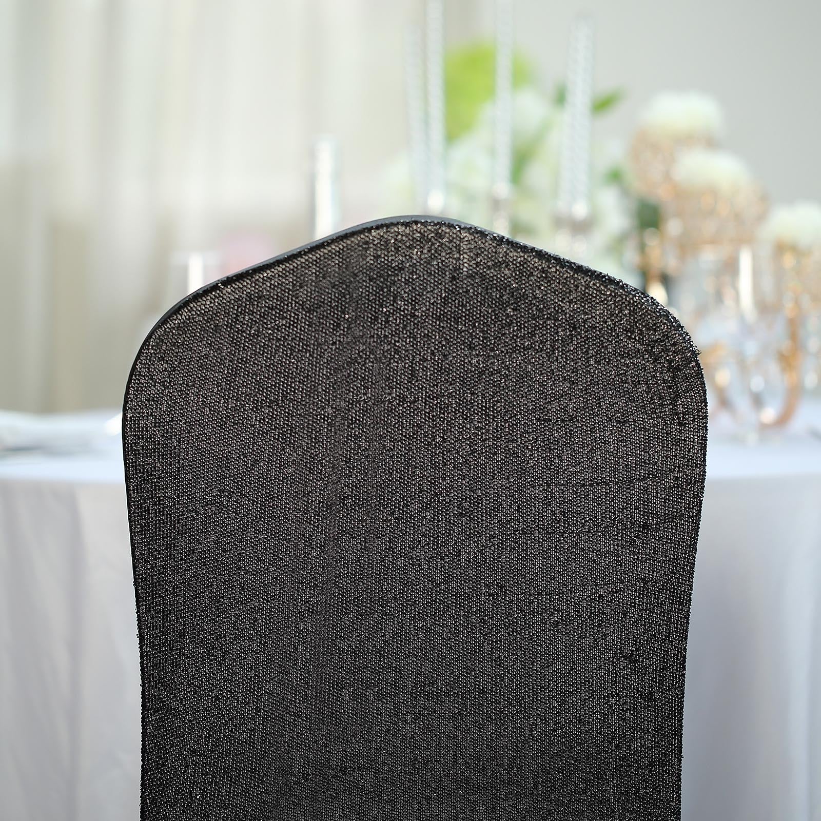 Black Spandex Stretch Banquet Chair Cover, Fitted with Metallic Shimmer Tinsel Back