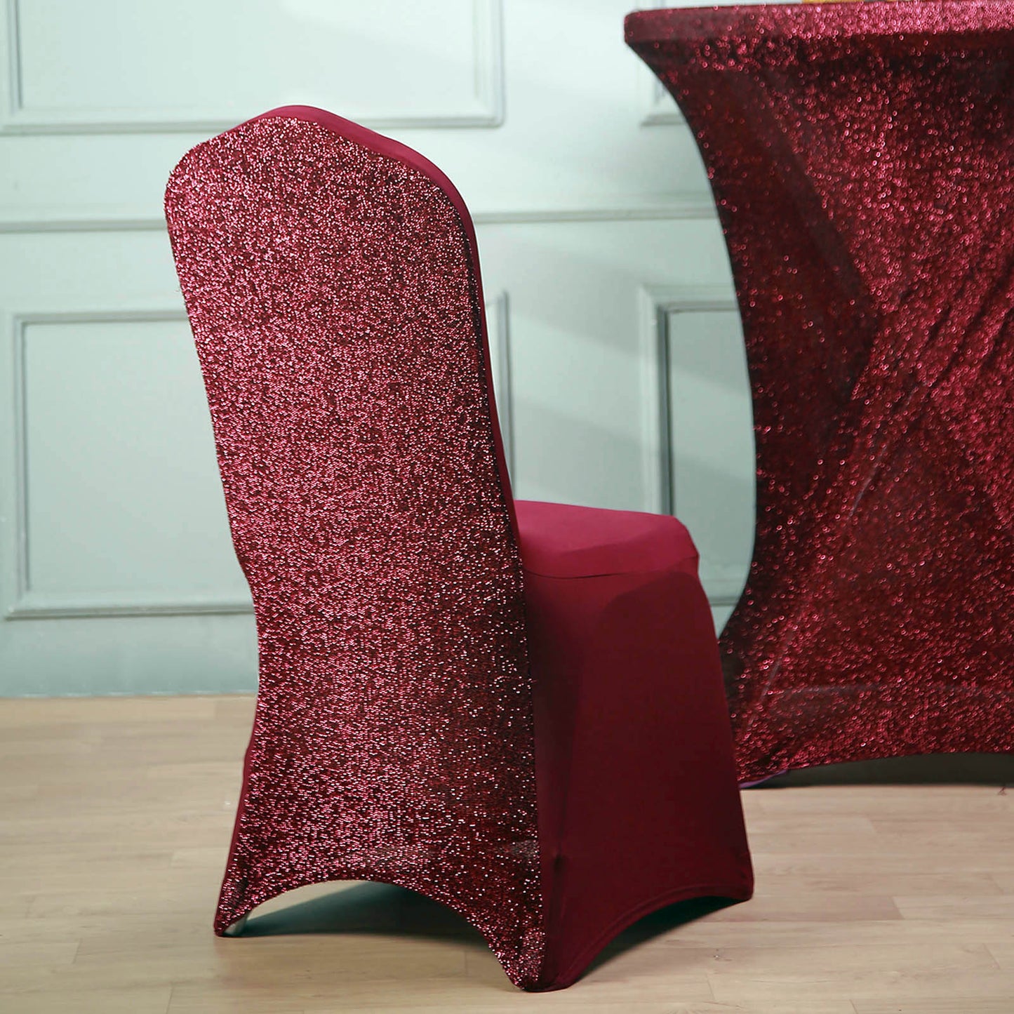Burgundy Spandex Stretch Banquet Chair Cover, Fitted with Metallic Shimmer Tinsel Back