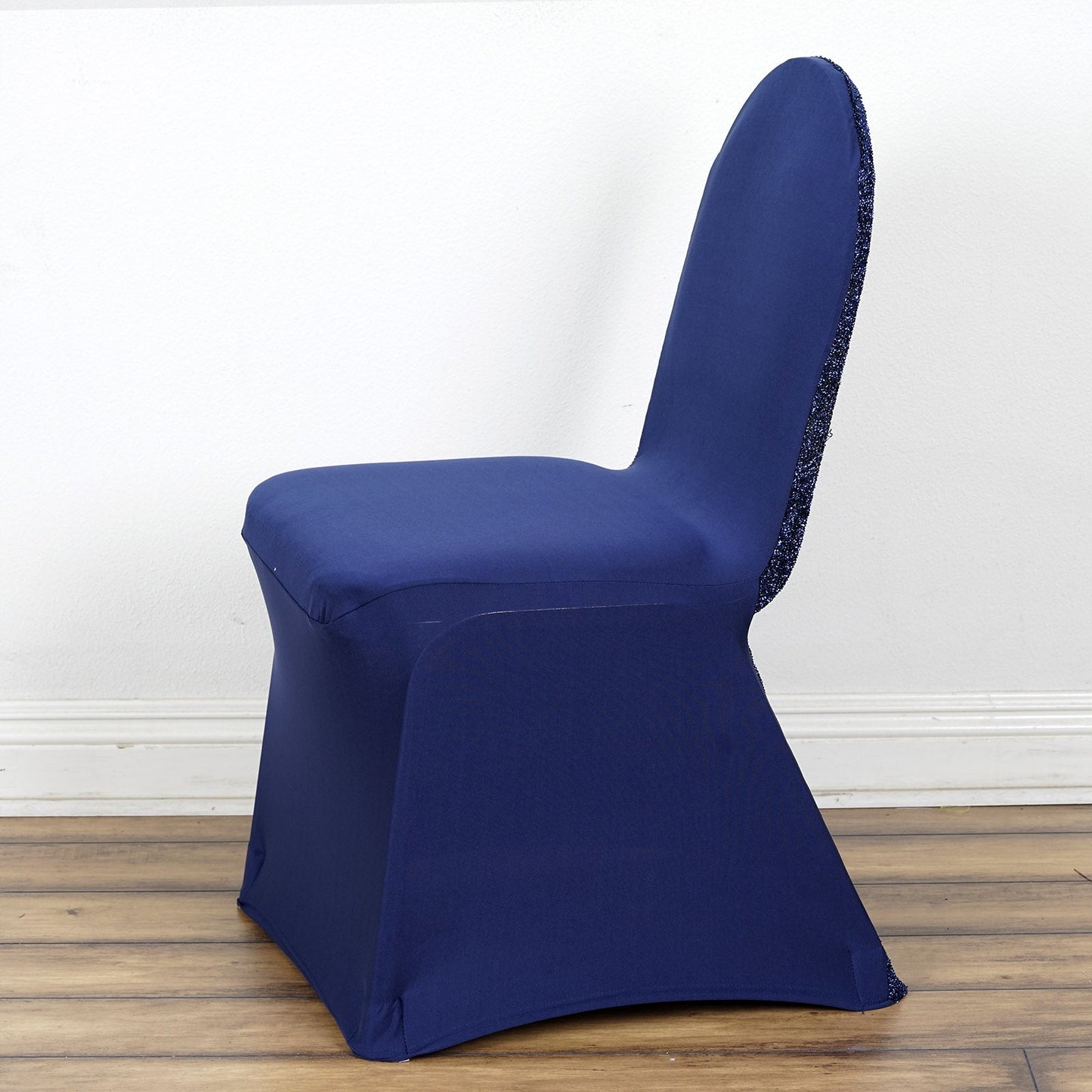 Navy Blue Spandex Stretch Banquet Chair Cover, Fitted with Metallic Shimmer Tinsel Back