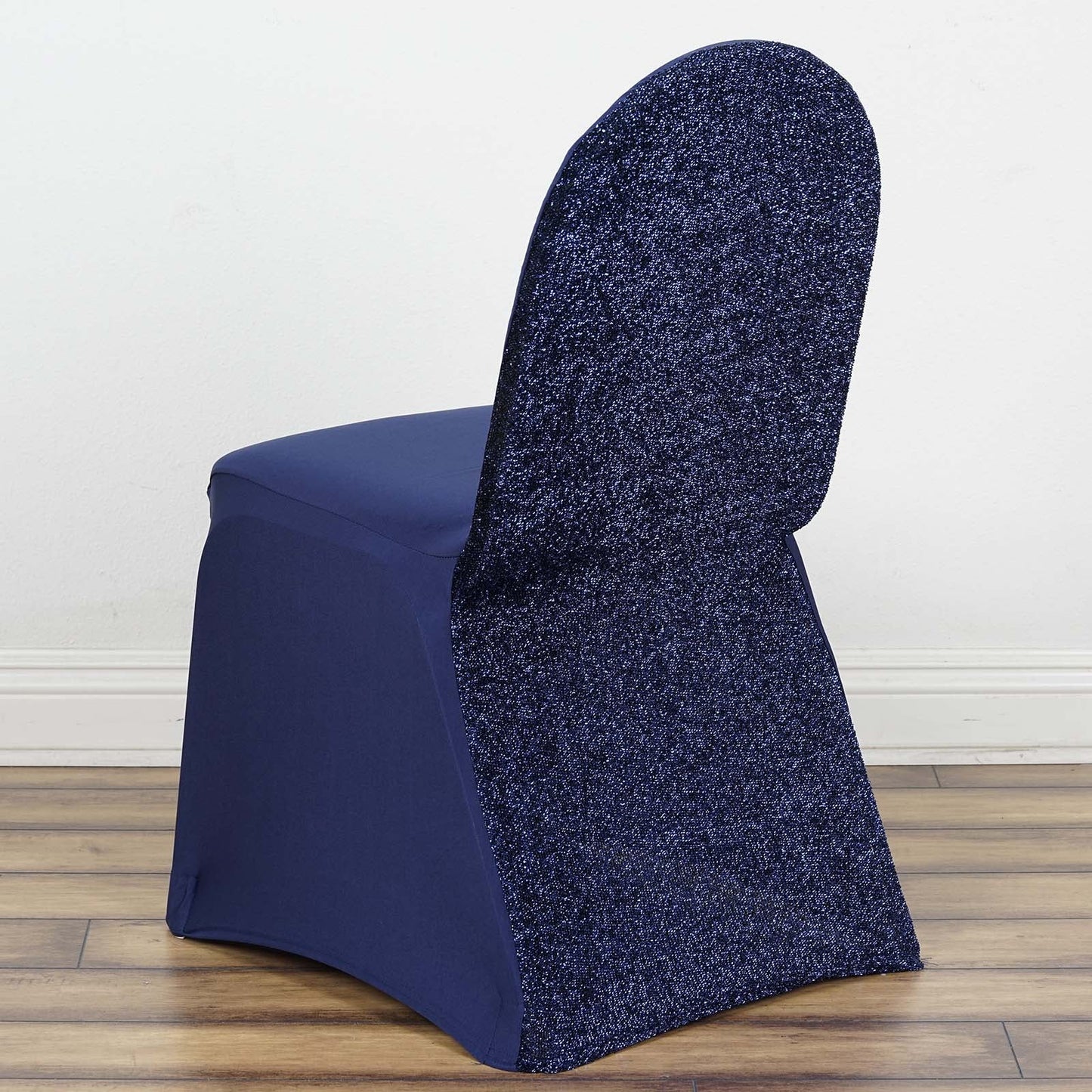 Navy Blue Spandex Stretch Banquet Chair Cover, Fitted with Metallic Shimmer Tinsel Back