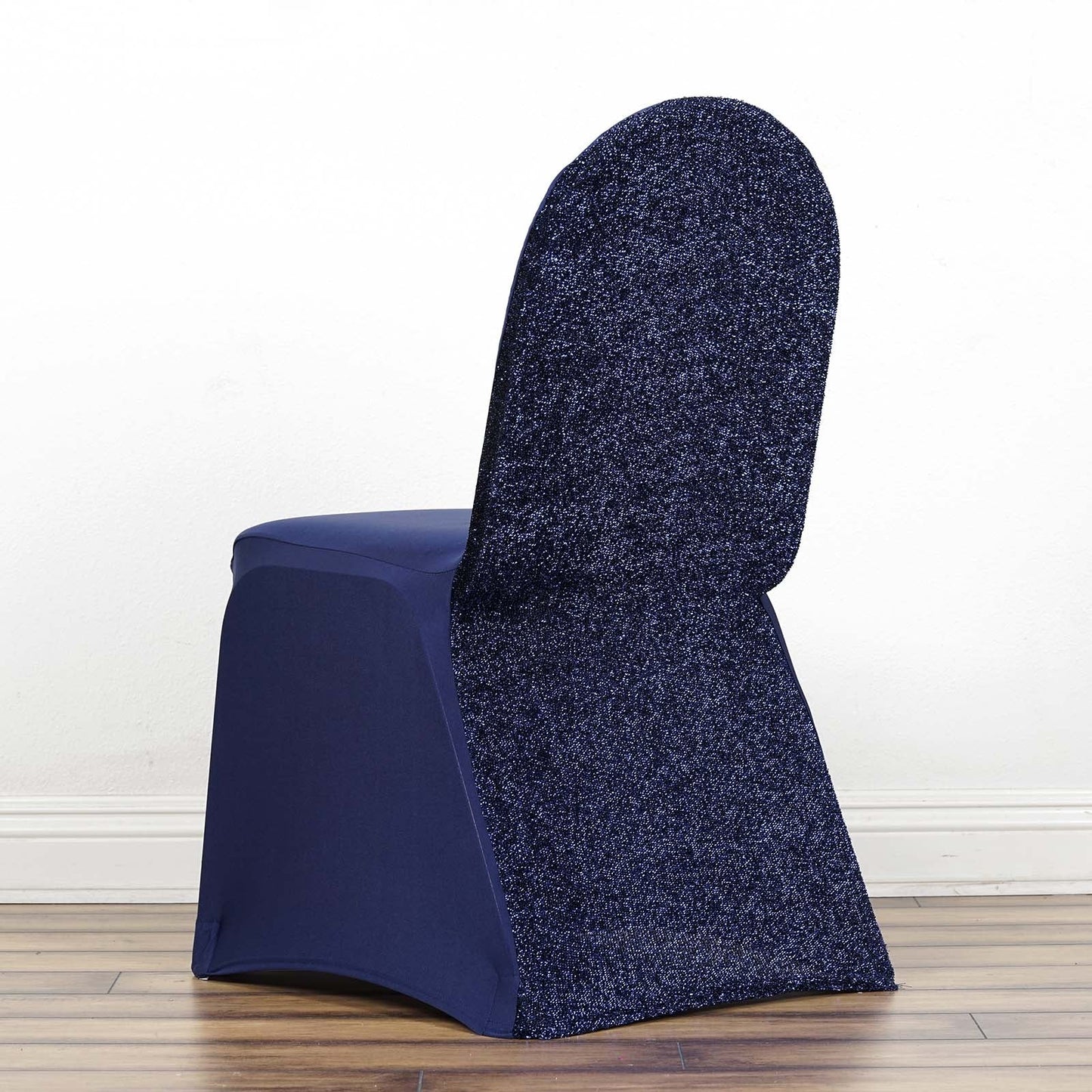 Navy Blue Spandex Stretch Banquet Chair Cover, Fitted with Metallic Shimmer Tinsel Back