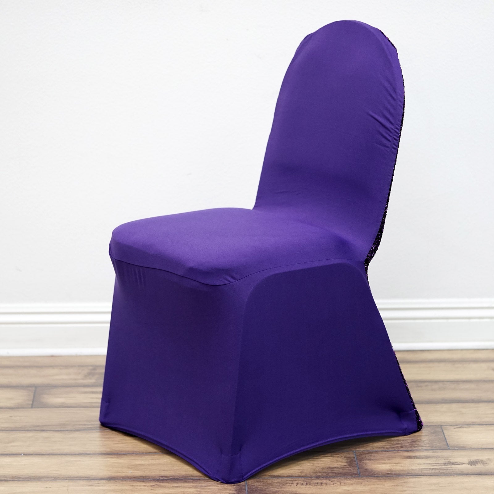 Purple Spandex Stretch Banquet Chair Cover, Fitted with Metallic Shimmer Tinsel Back