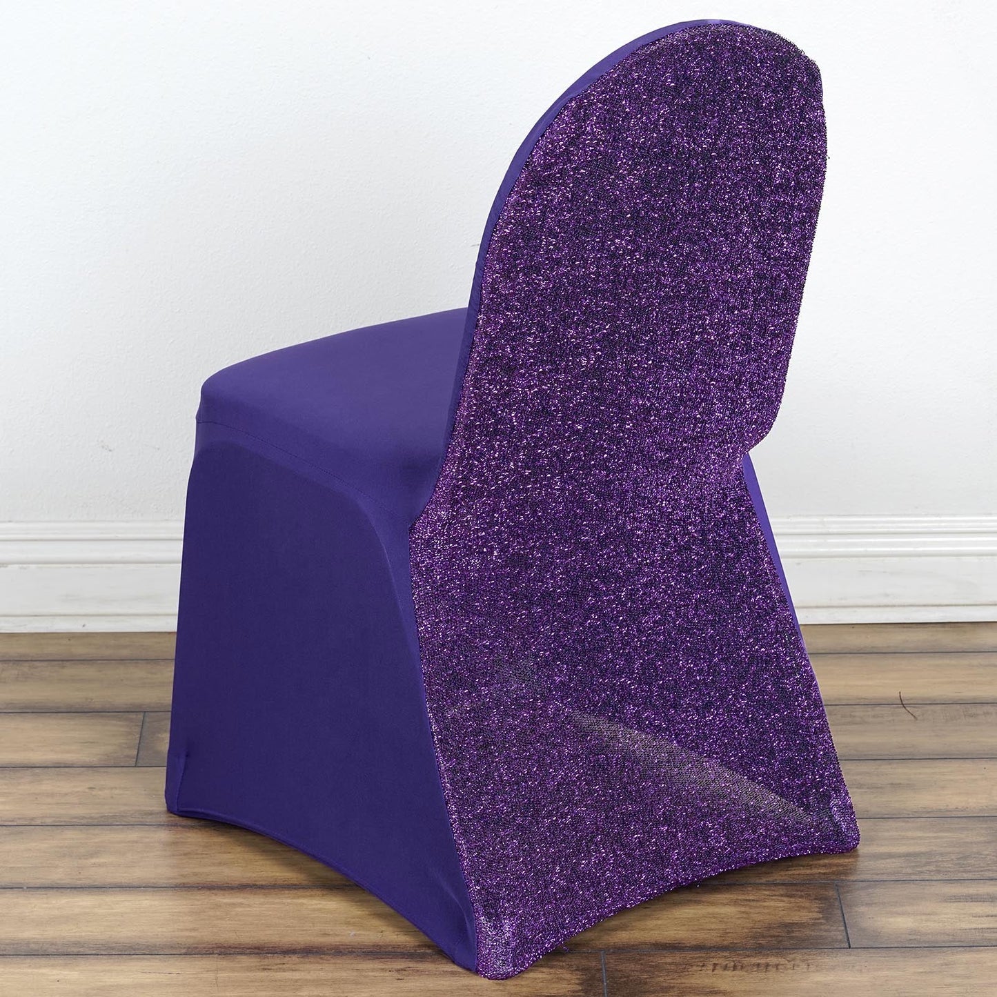 Purple Spandex Stretch Banquet Chair Cover, Fitted with Metallic Shimmer Tinsel Back
