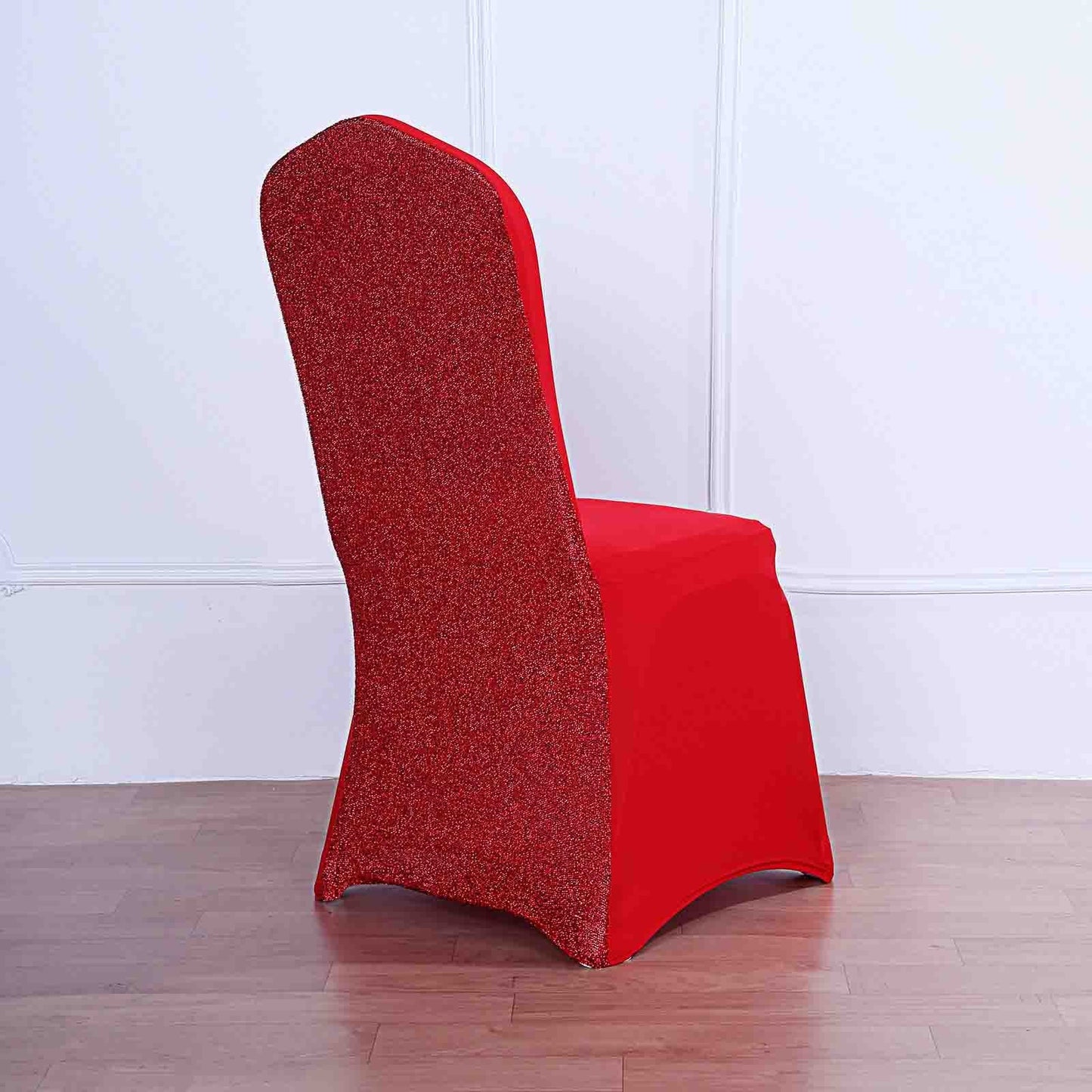 Red Spandex Stretch Banquet Chair Cover, Fitted with Metallic Shimmer Tinsel Back