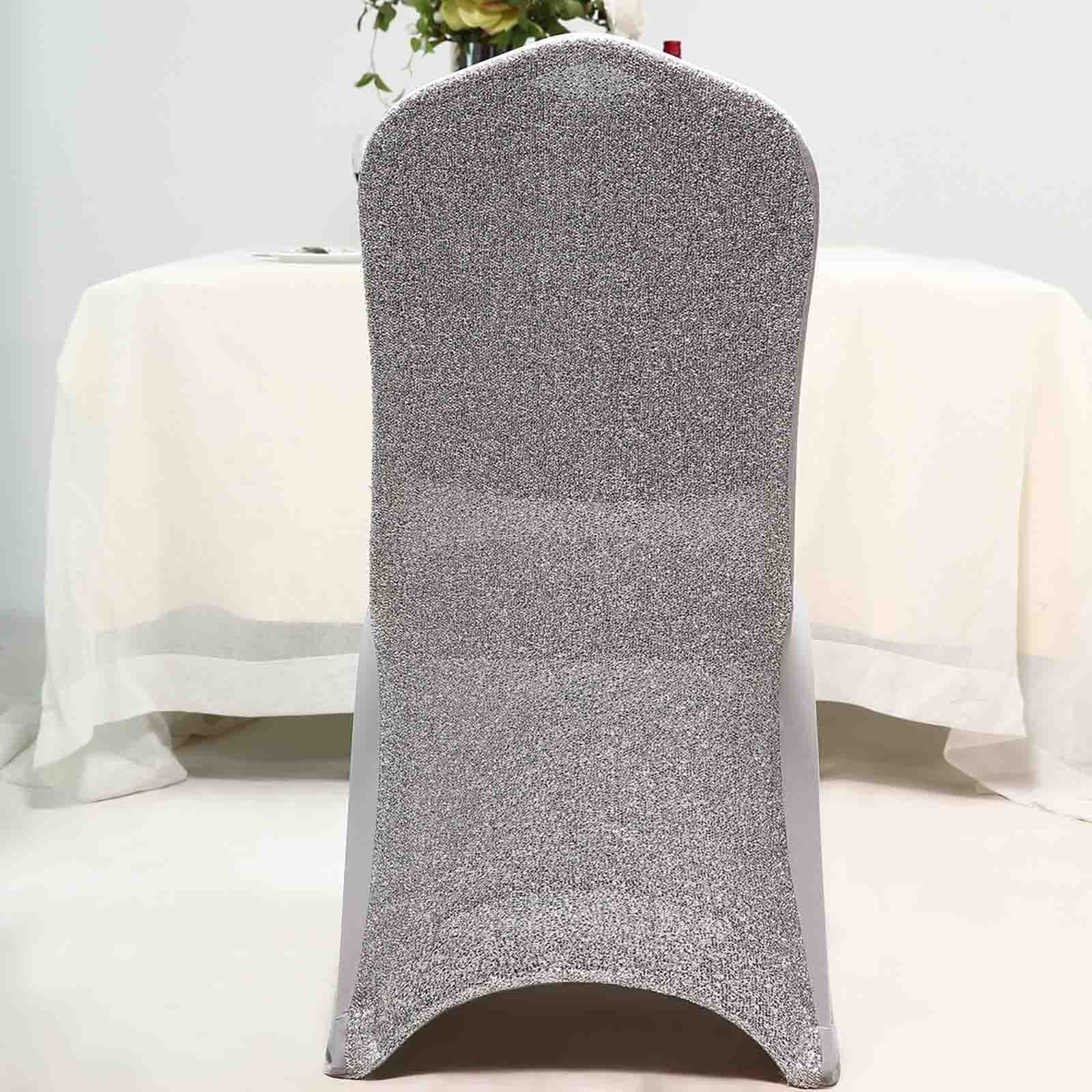 Silver Metallic Shimmer Tinsel Back Spandex Stretch Fitted Banquet Chair Cover 