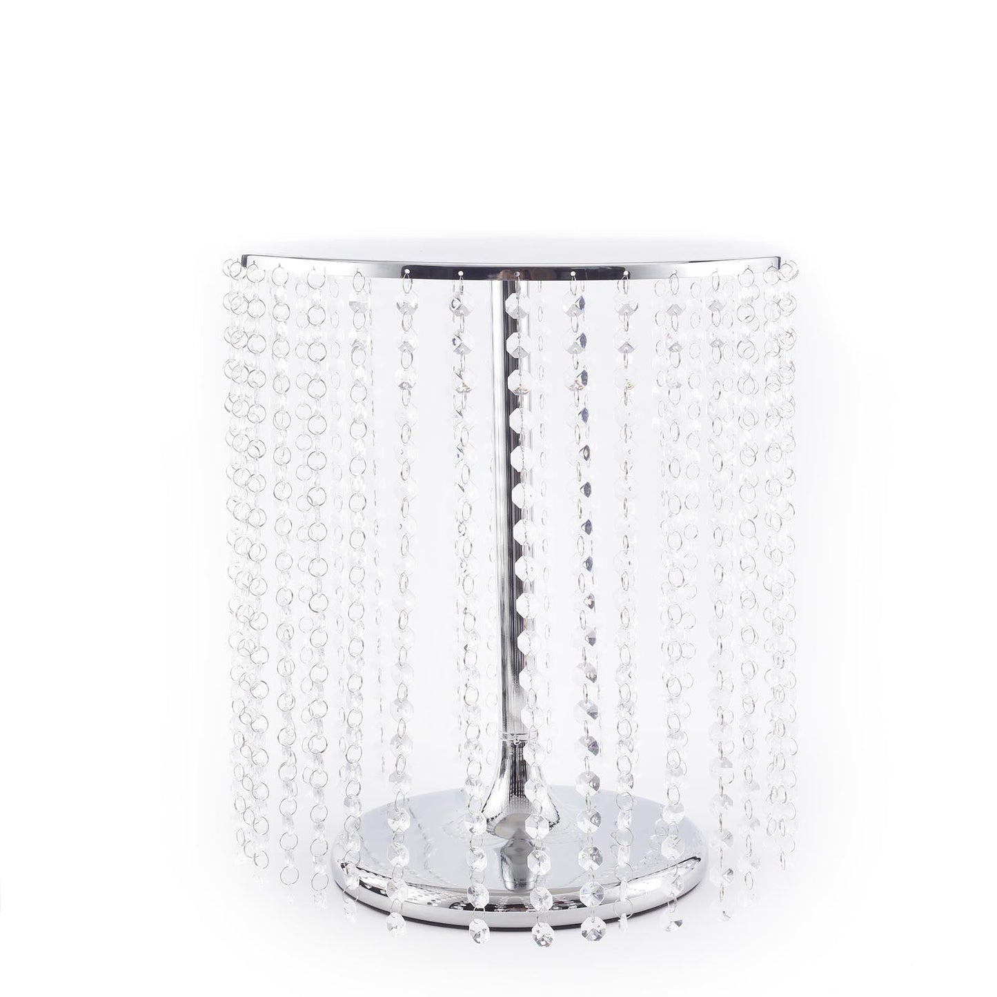 Metallic silver cake stand with crystal chains, 14" round and 16" tall.