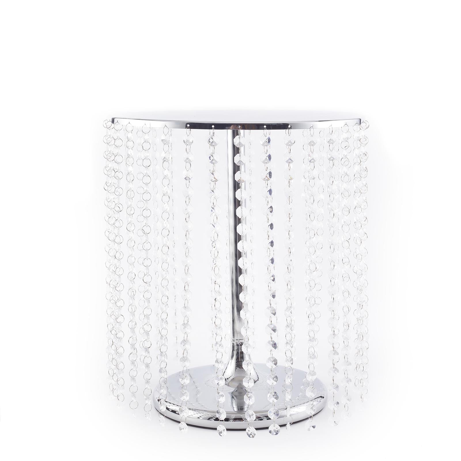 Metallic silver cake stand with crystal chains, 14" round and 16" tall.