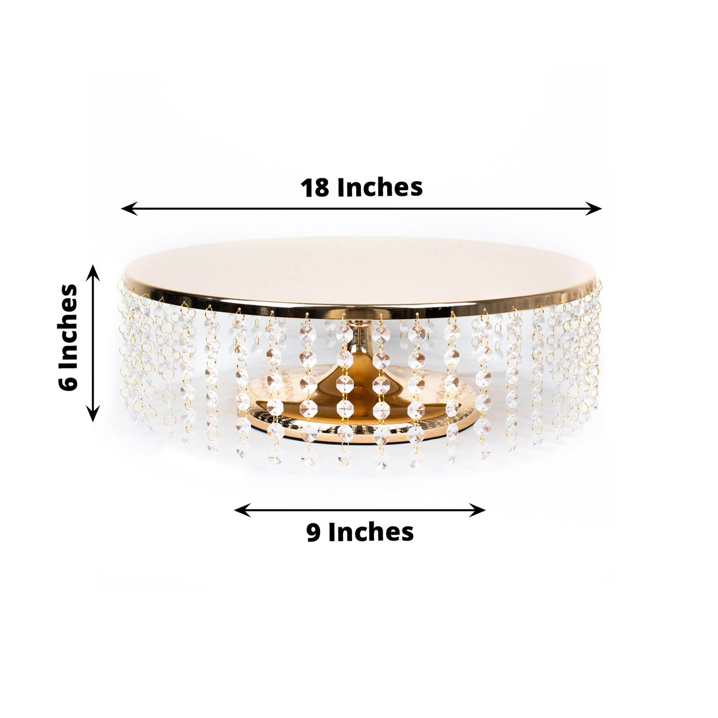 18" round gold chandelier cupcake stand with hanging crystal chains.