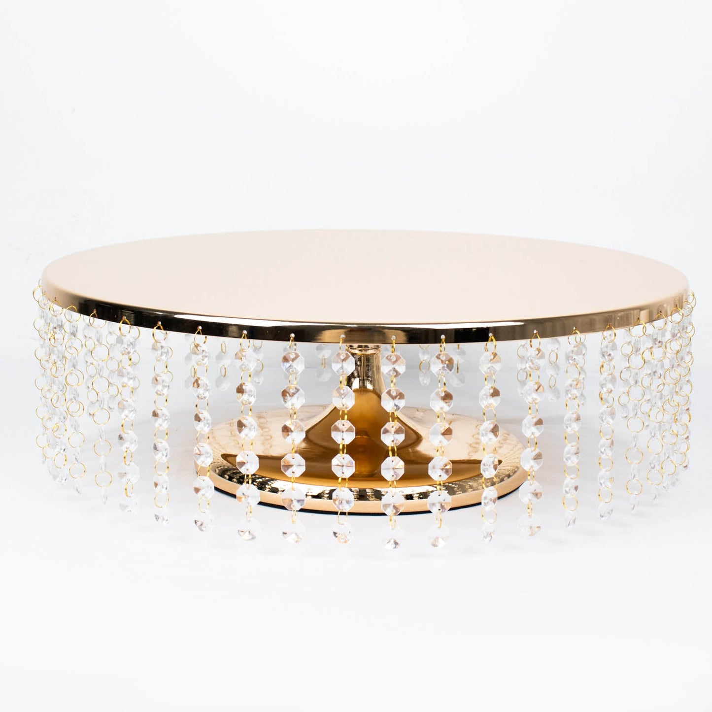Metallic gold chandelier cupcake stand with hanging crystal chains.