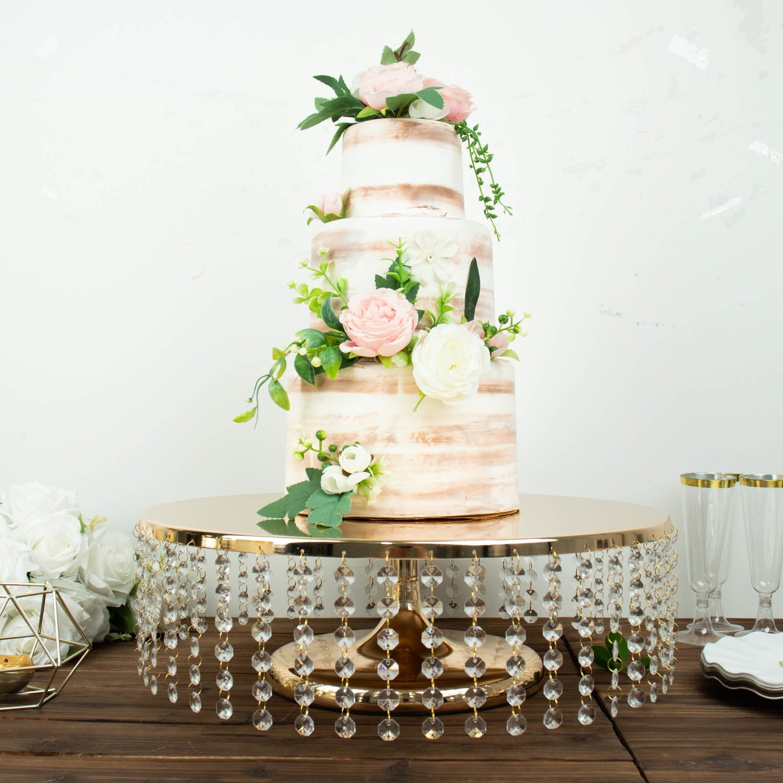 18" Round Gold Chandelier Cupcake Dessert Display Stand with Crystal Chains