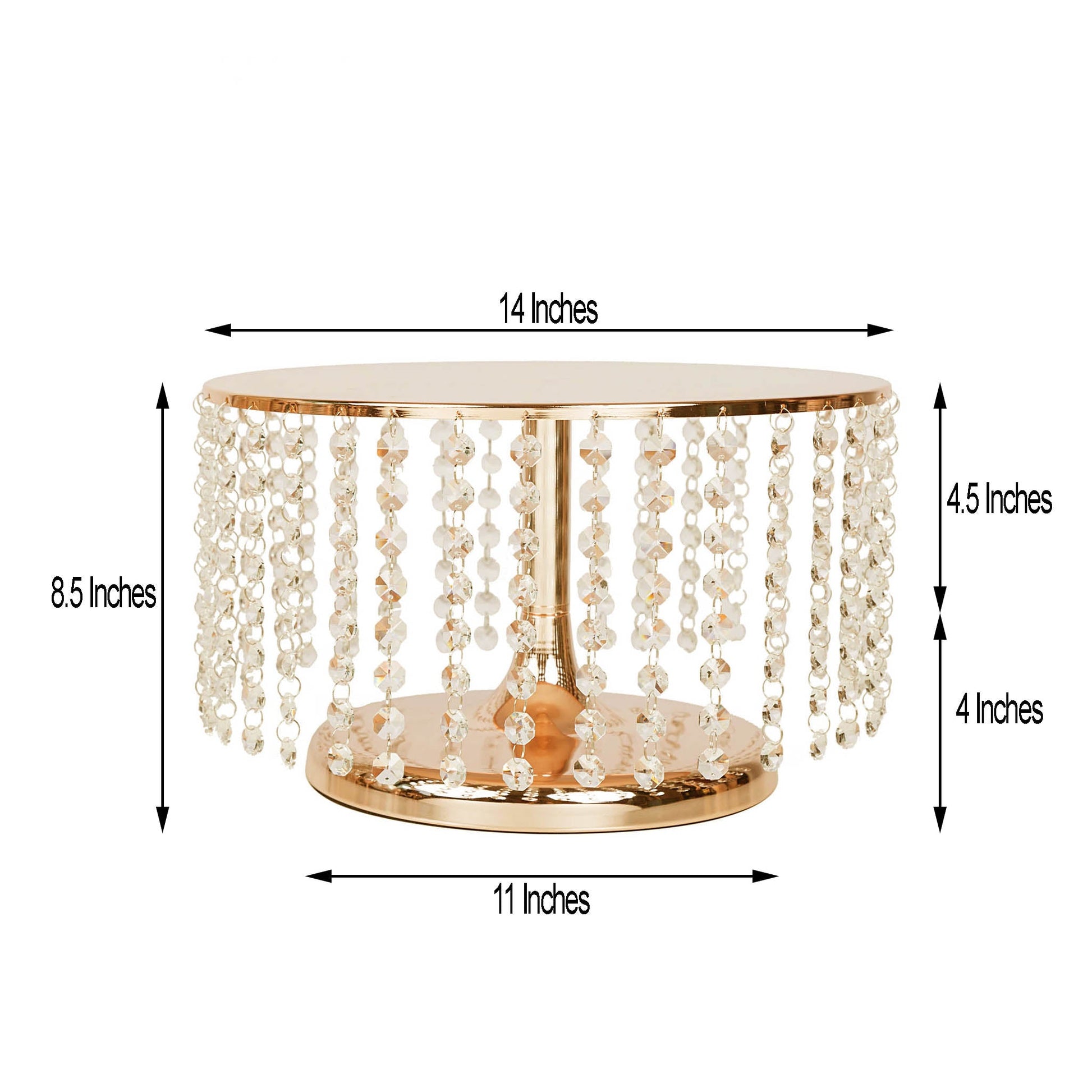 14" Round 8" Tall Metallic Gold Cake Stand, Cupcake Dessert Pedestal With Crystal Chains