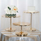 Metallic gold cake stand with crystal chains, perfect for desserts and cupcakes.