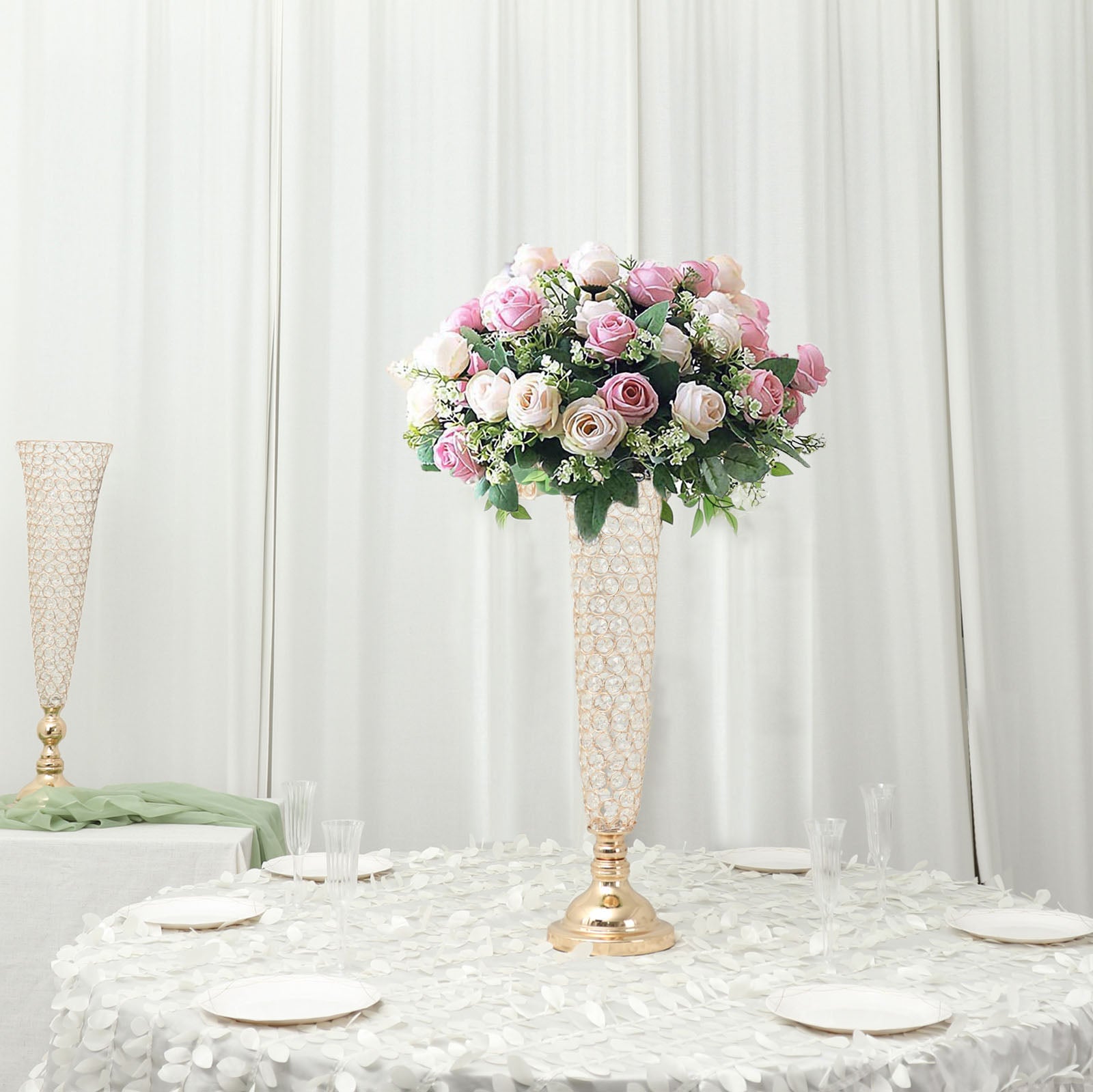 2 Pack 28 Inch Tall Gold Crystal Trumpet Vases