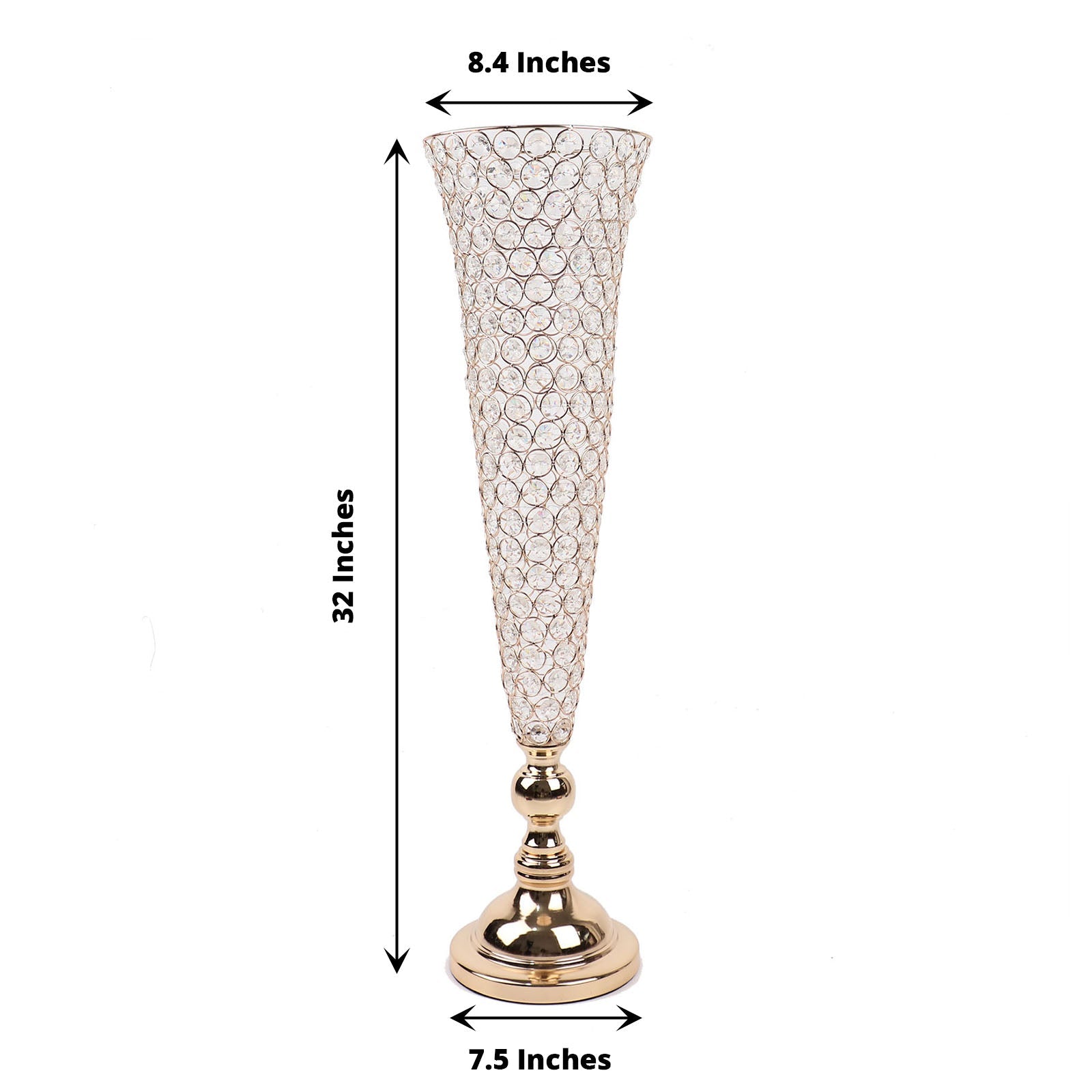 Gold 32 Inch Tall Crystal Beaded Trumpet Vase Set Table Centerpiece 2 Pack