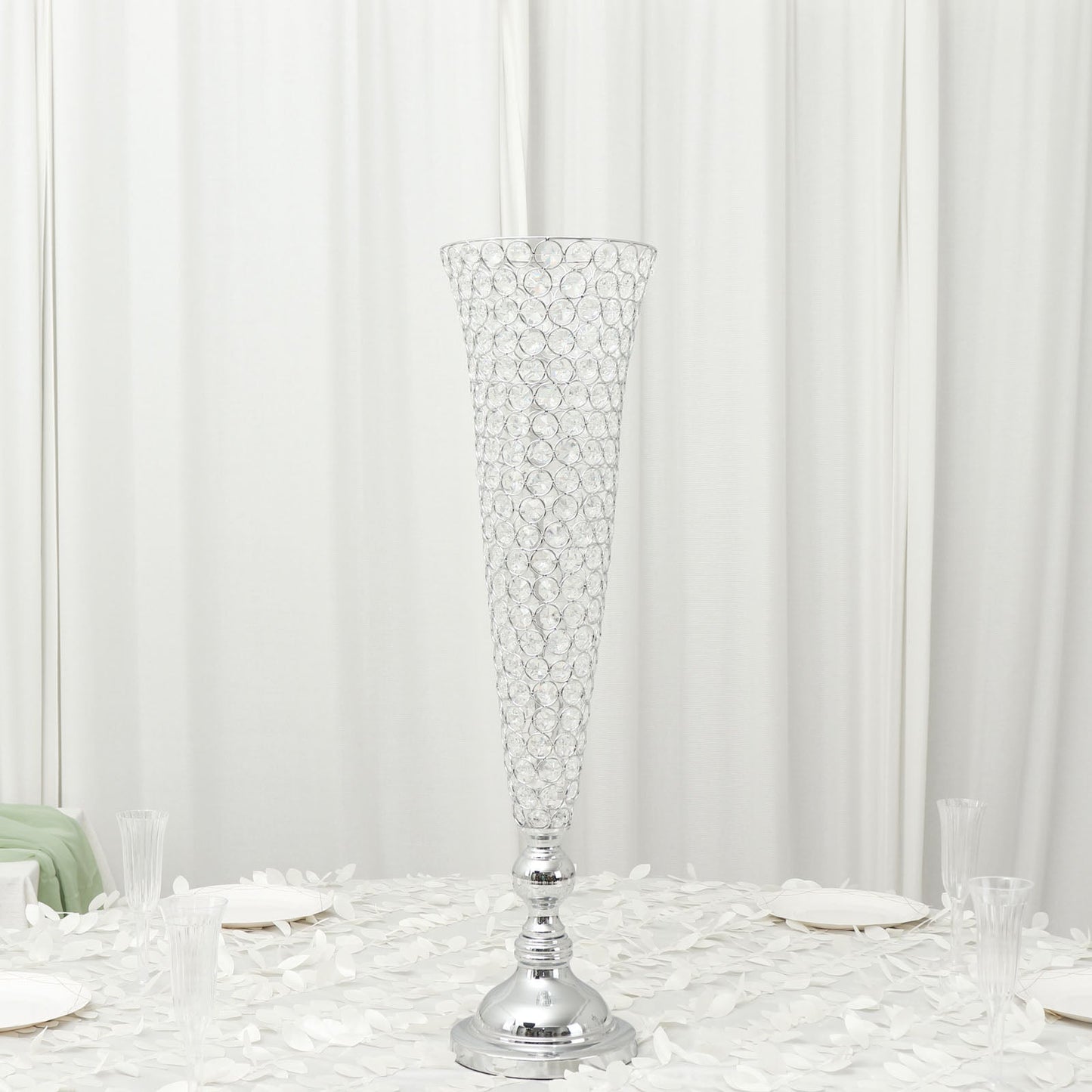 Crystal Beaded Trumpet Vase Set 2 Pack Silver 32 Inch Tall For Table Centerpiece