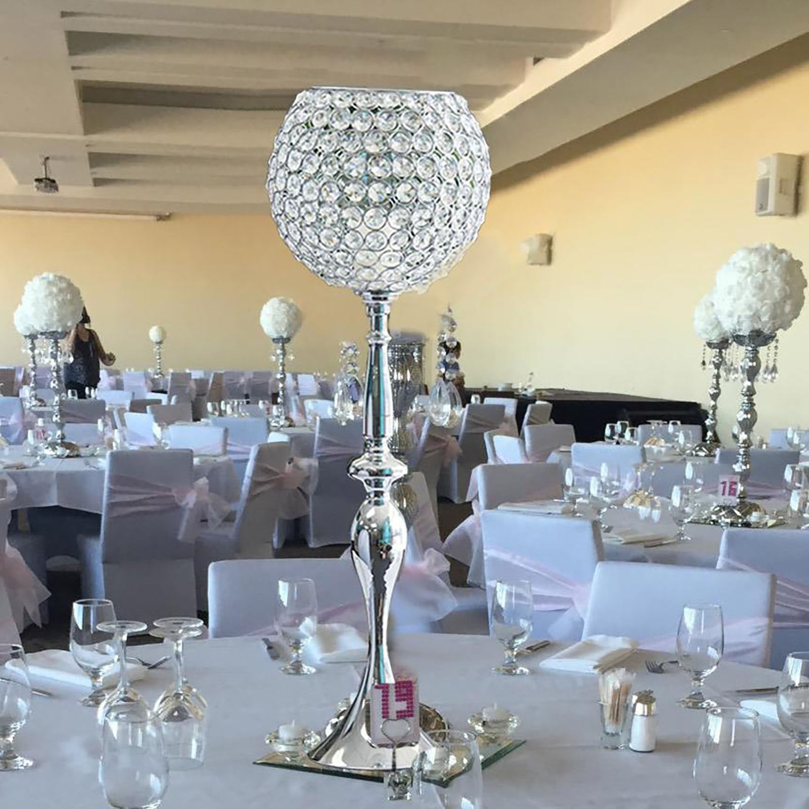 30inch Silver Metal Acrylic Crystal Goblet Candle Holder, Flower Ball Stand