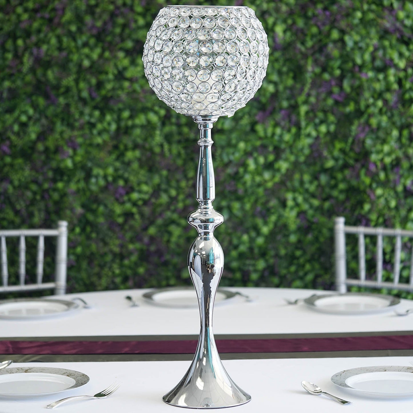 30" Silver Metal Acrylic Crystal Goblet Candle Holder, Flower Ball Stand