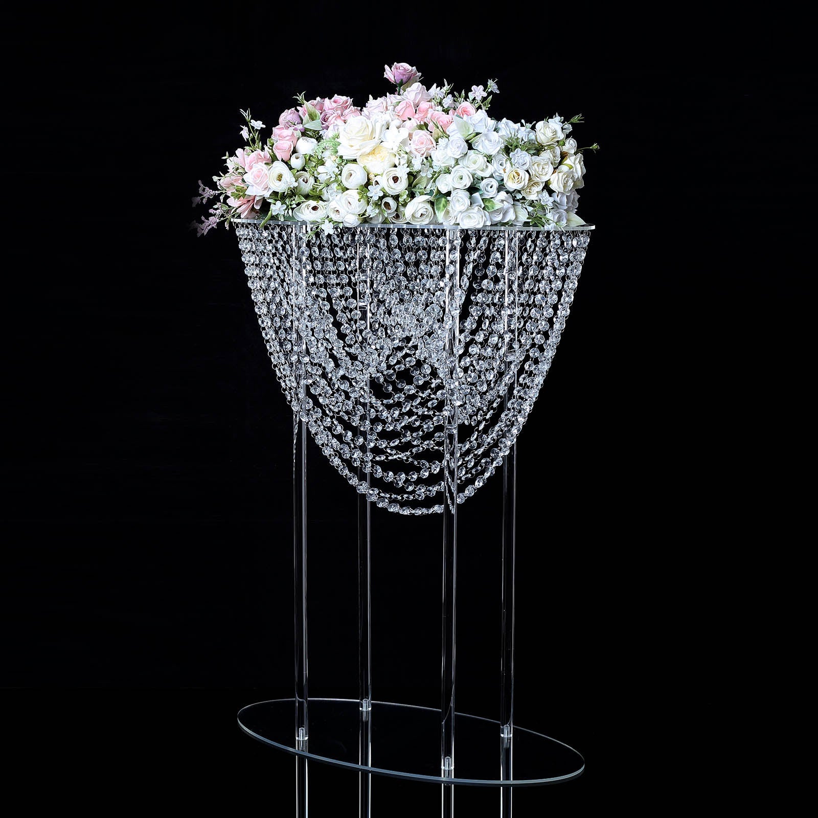 32" tall acrylic crystal chandelier centerpiece with pink and white flowers.