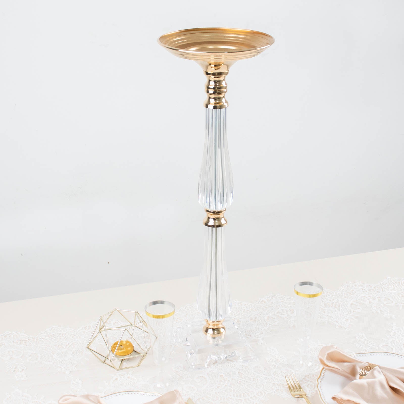 24" gold and clear acrylic crystal pillar candle stand centerpiece.
