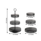 Black metal 3-tier cupcake stand with decorative edges, 23 inches tall.