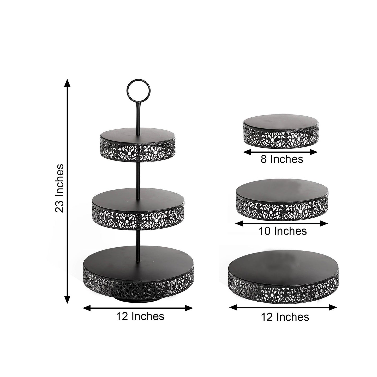 Black metal 3-tier cupcake stand with decorative edges, 23 inches tall.