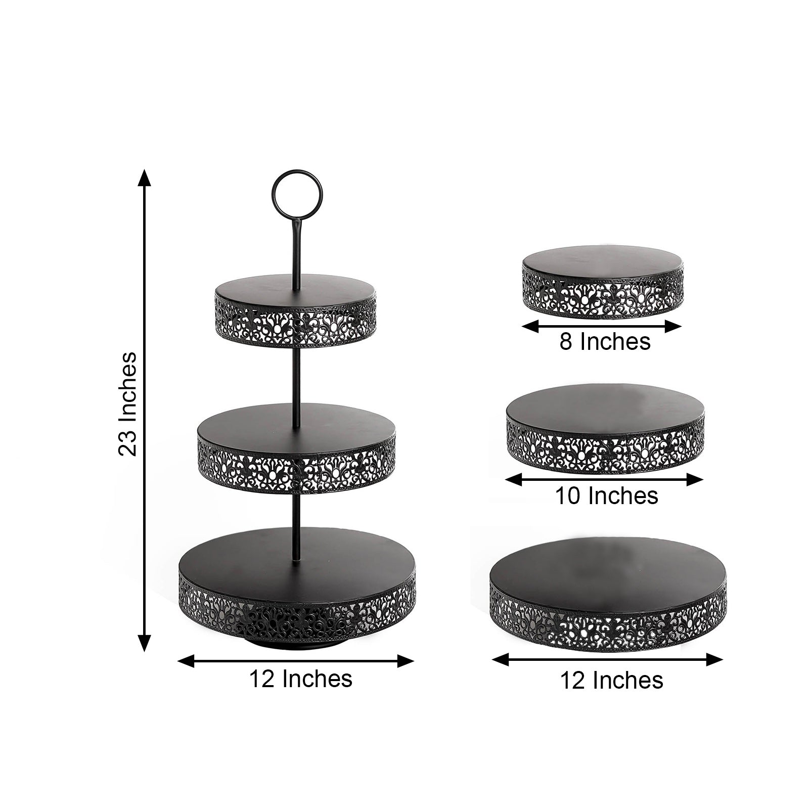 Black metal 3-tier cupcake stand with decorative edges, 23 inches tall.