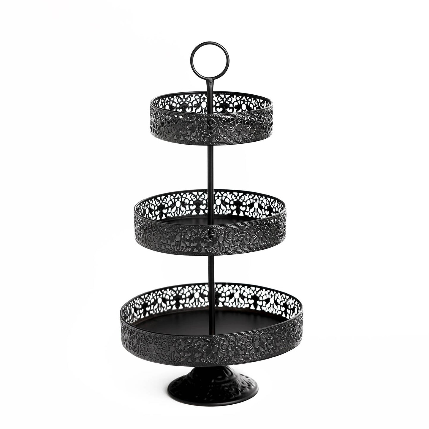 Black 3-tier metal cupcake stand for dessert display.