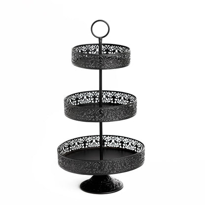 Black 3-tier metal cupcake stand for dessert display.