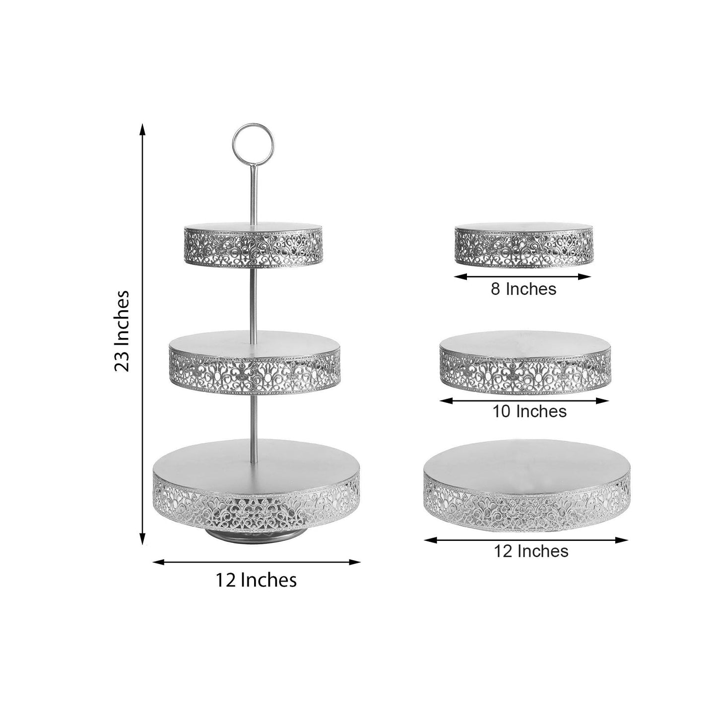 Silver 3-tier cupcake stand with elegant lace design and 23-inch height.