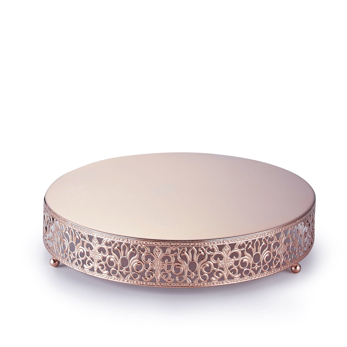 Rose gold metal wedding cake stand with Fleur De Lis design.