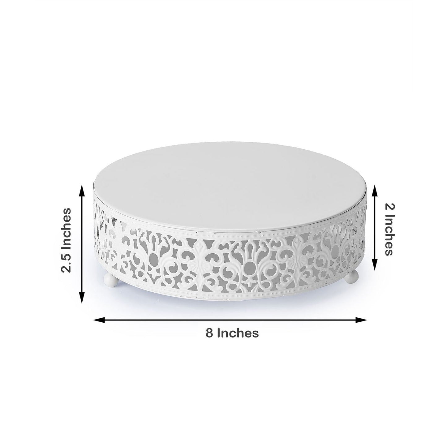 White metal Fleur De Lis cake stand, 8 inches round, elegant cupcake display.