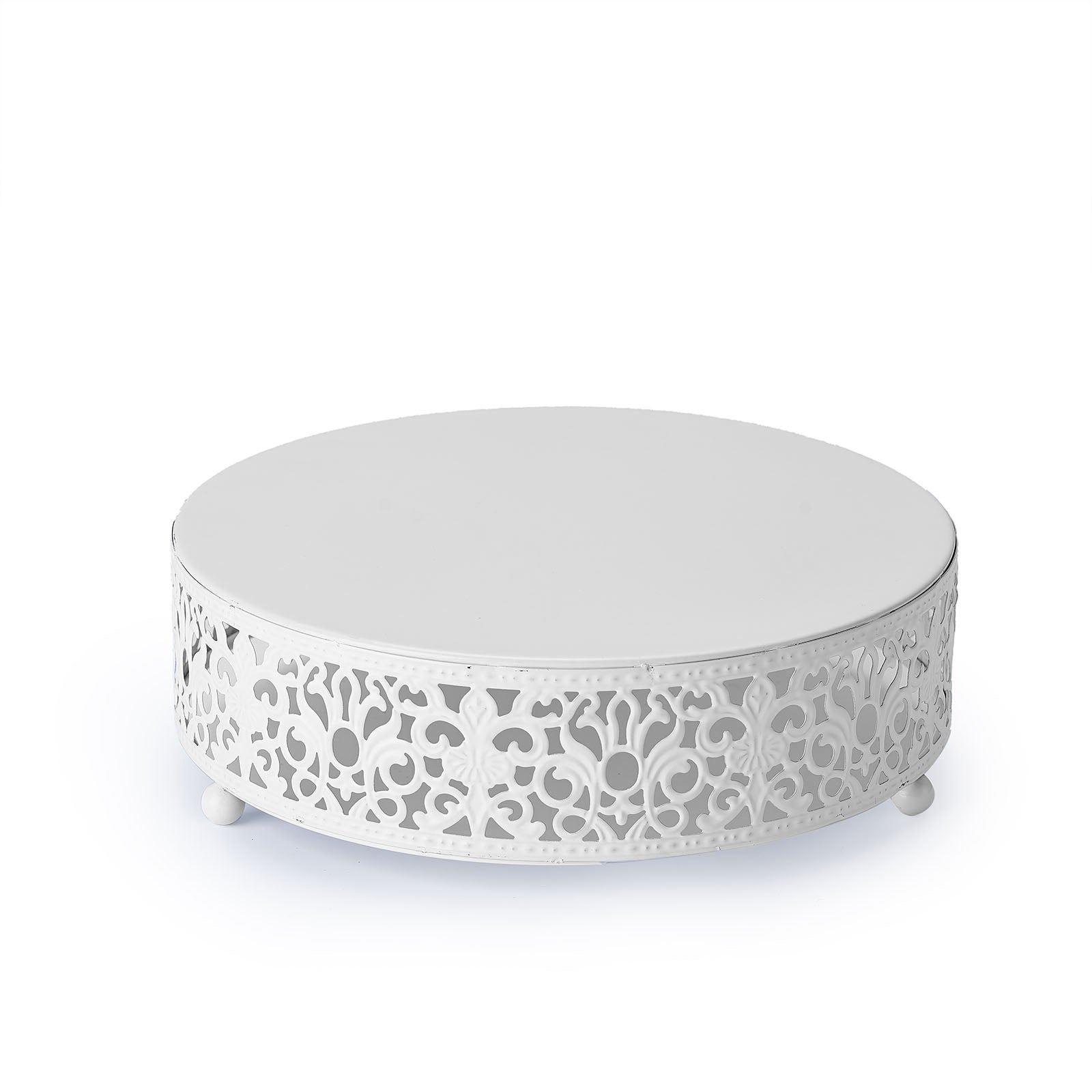 White metal cake stand with Fleur De Lis design, perfect for weddings.