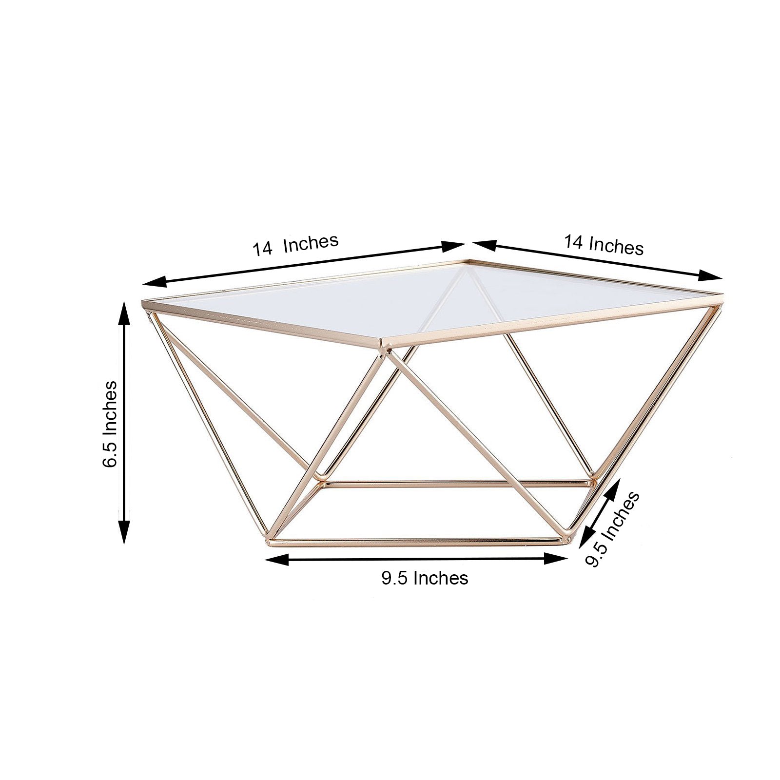 Gold geometric cake stand with square glass top, 14 inches in size.