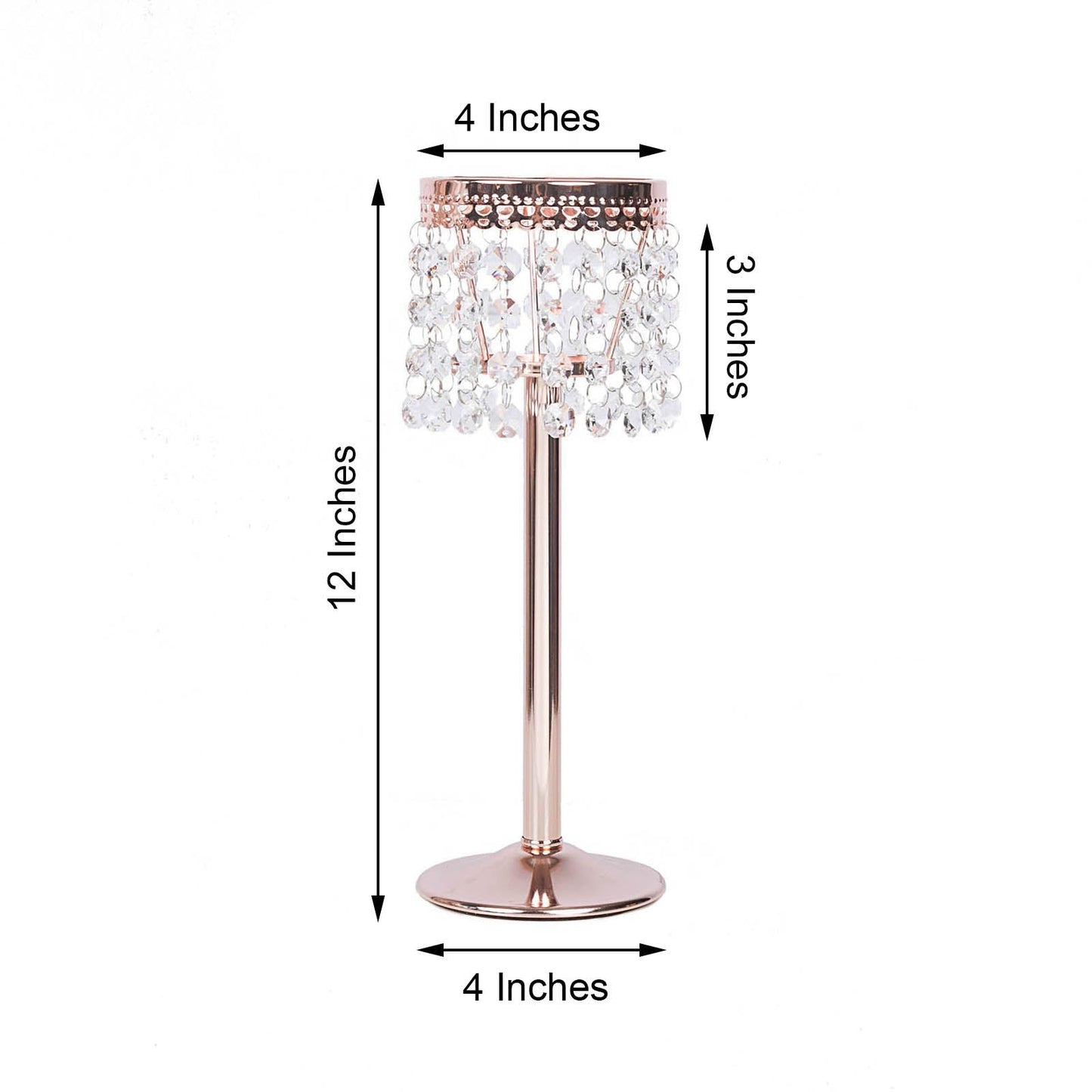 Rose gold crystal beaded chandelier candle holder, 12 inches tall.