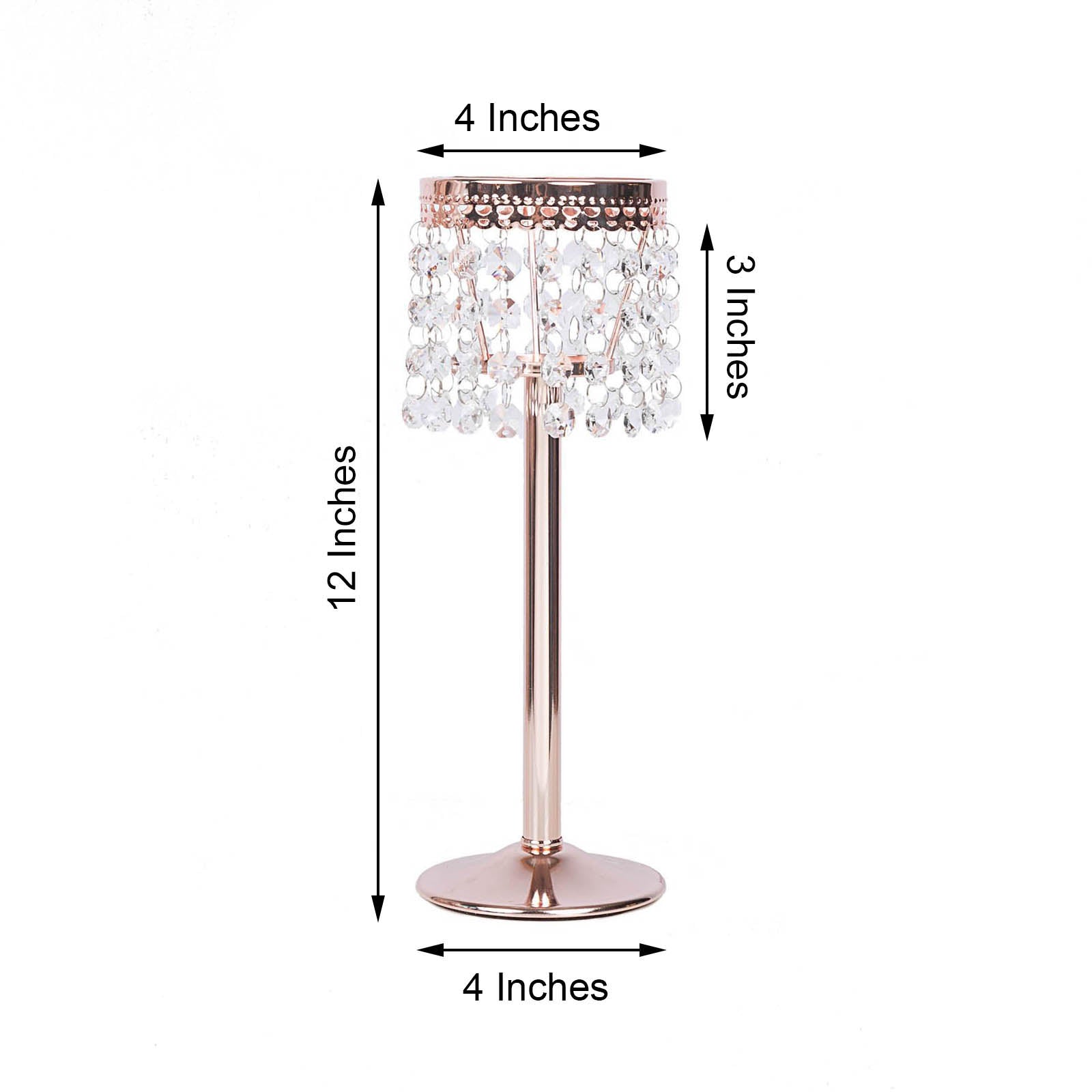 Rose gold crystal beaded chandelier candle holder, 12 inches tall.