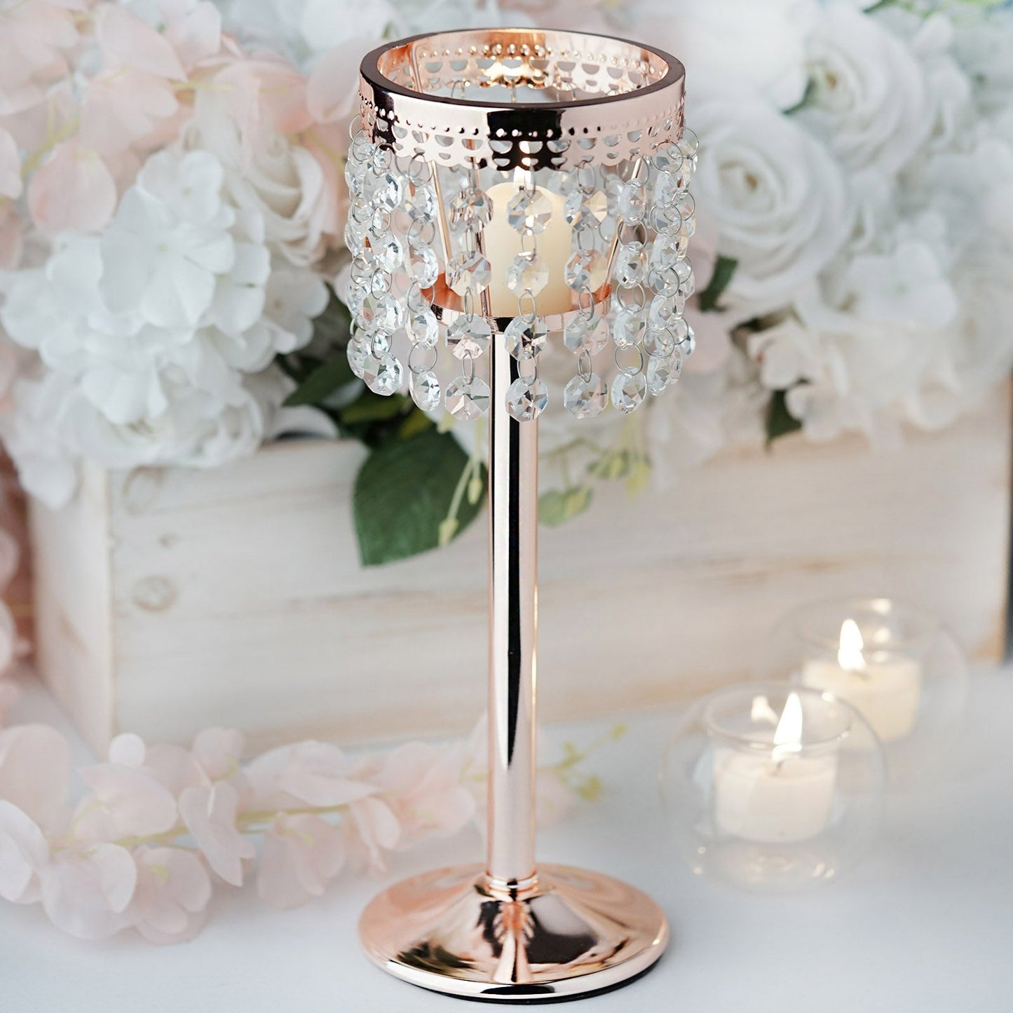 Rose gold crystal beaded chandelier votive candle holder.