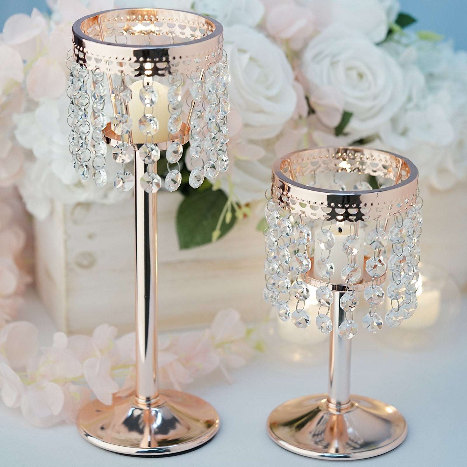 Rose gold crystal beaded chandelier votive candle holder set.