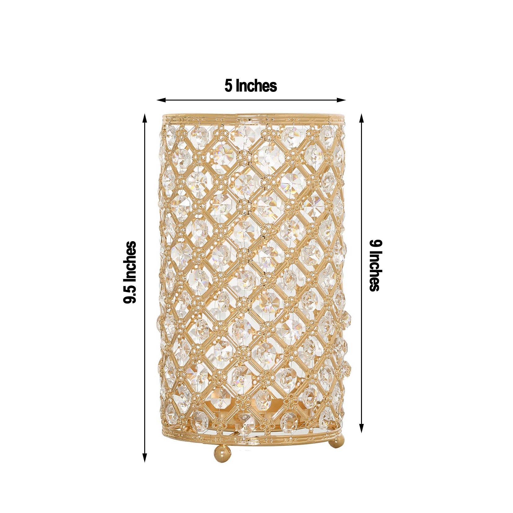 Gold metal crystal beaded pillar candle holder, 9 inches tall.