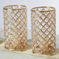 Gold crystal beaded candle holders set for elegant decor.