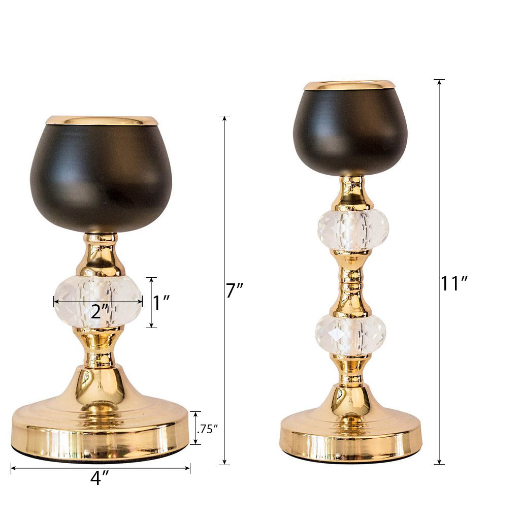 Set of 2 | Gold/Black Metal Crystal Lamp Tealight Votive Candle Holder - 7inch/11inch