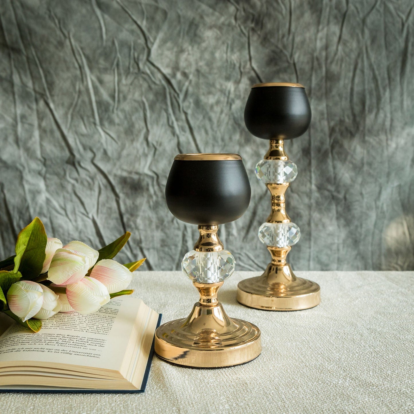 Set of 2 | Gold/Black Metal Crystal Lamp Tealight Votive Candle Holder - 7inch/11inch