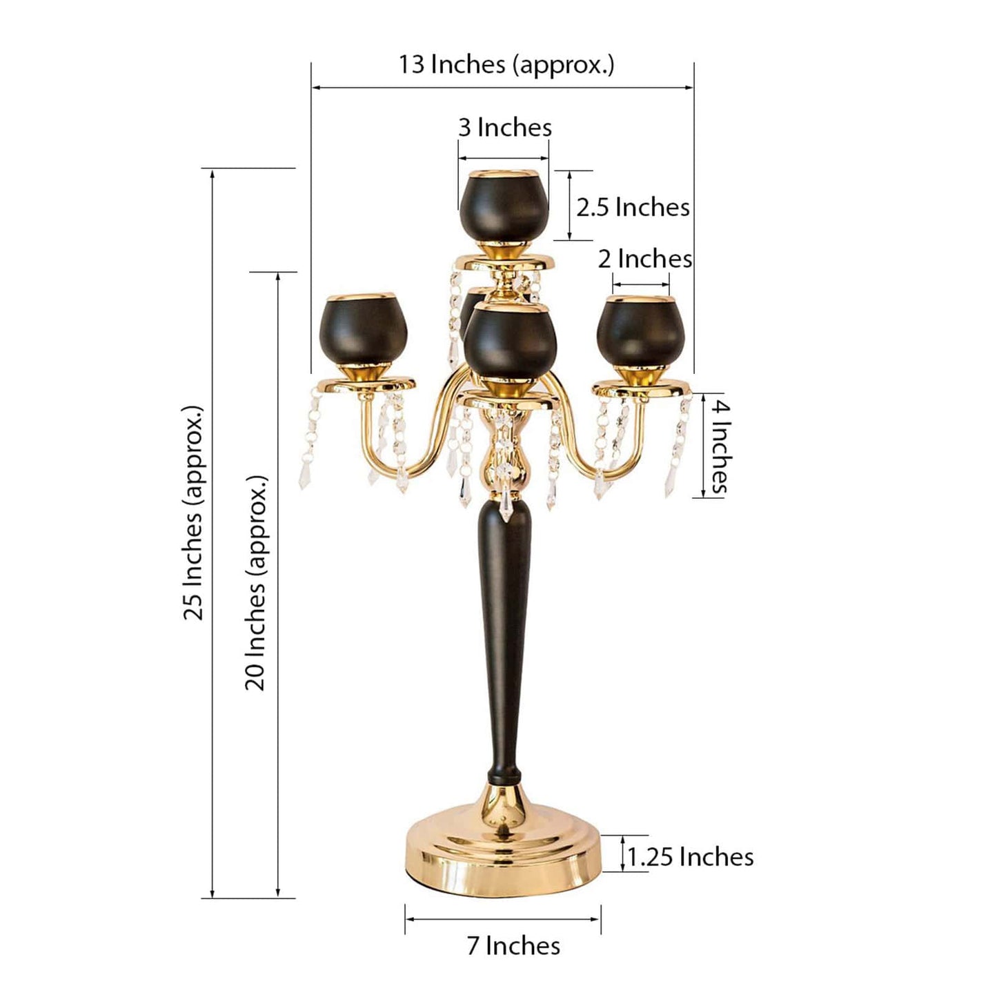 25inch Gold/Black 5 Arm Metal Tealight Votive Candelabra Candle Holder Centerpiece