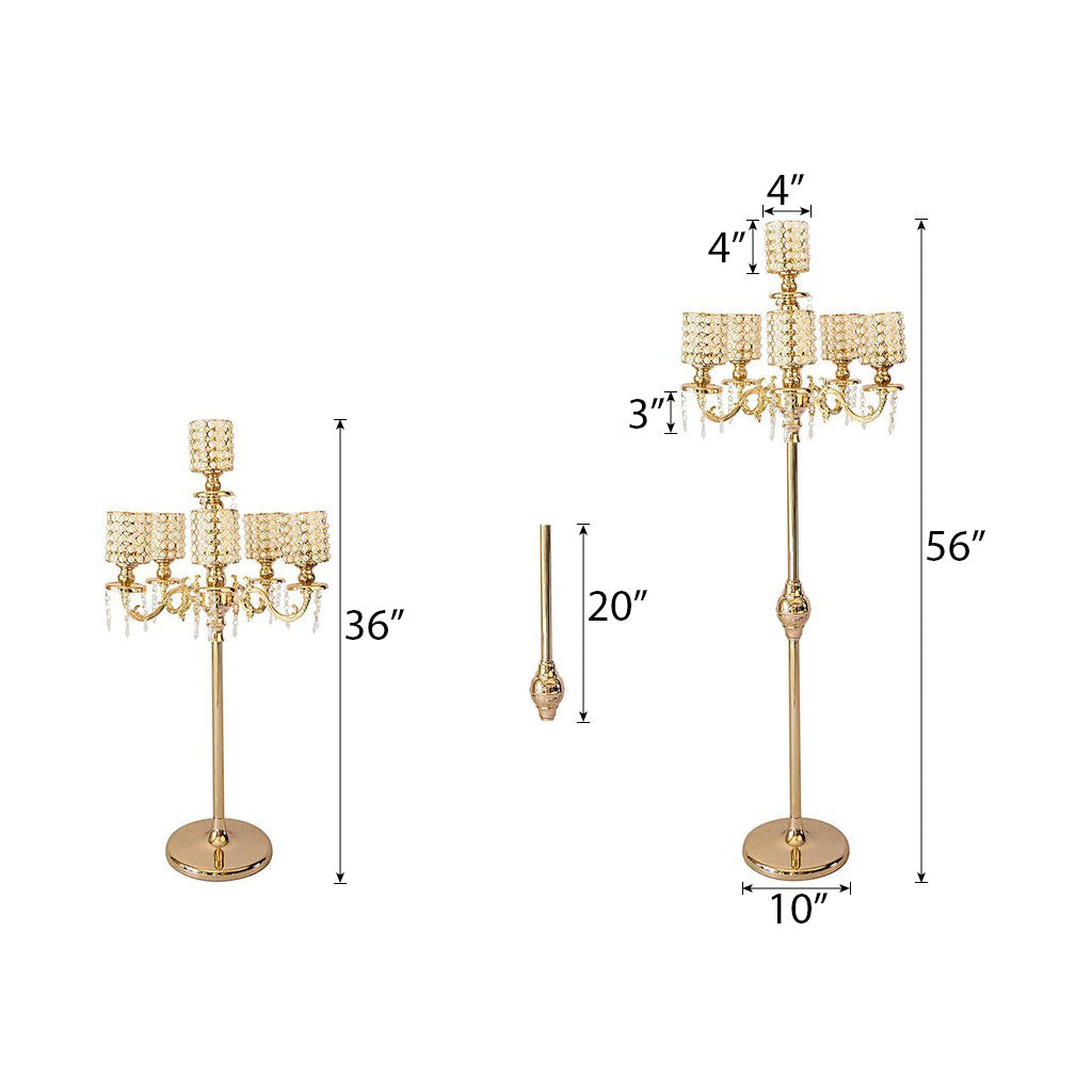 Gold pearl beaded candelabra centerpiece with crystal pendants.
