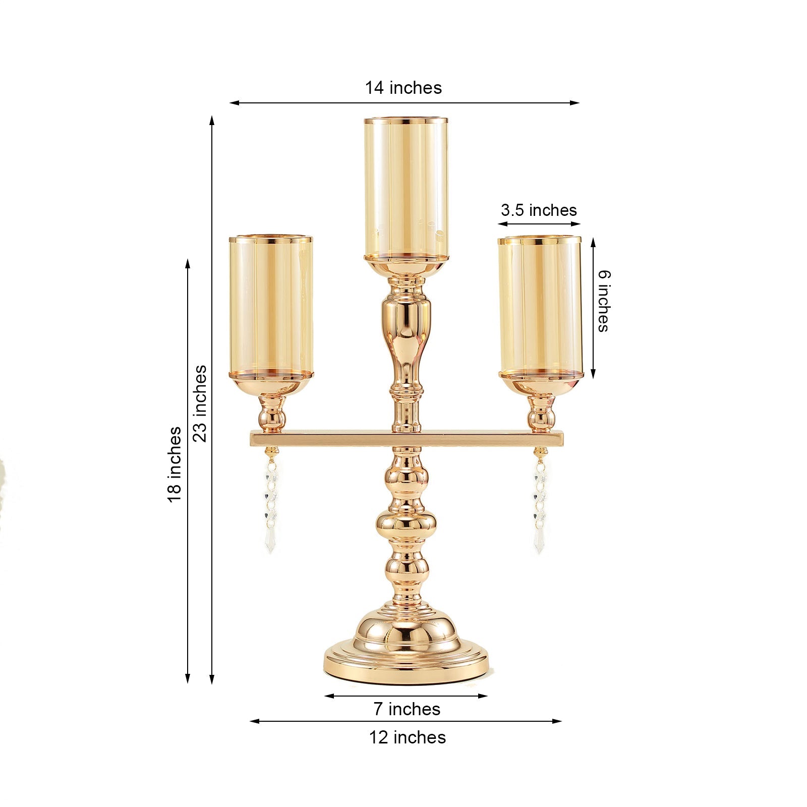 Gold metal 3 arm candelabra with amber glass shades for pillar candles.