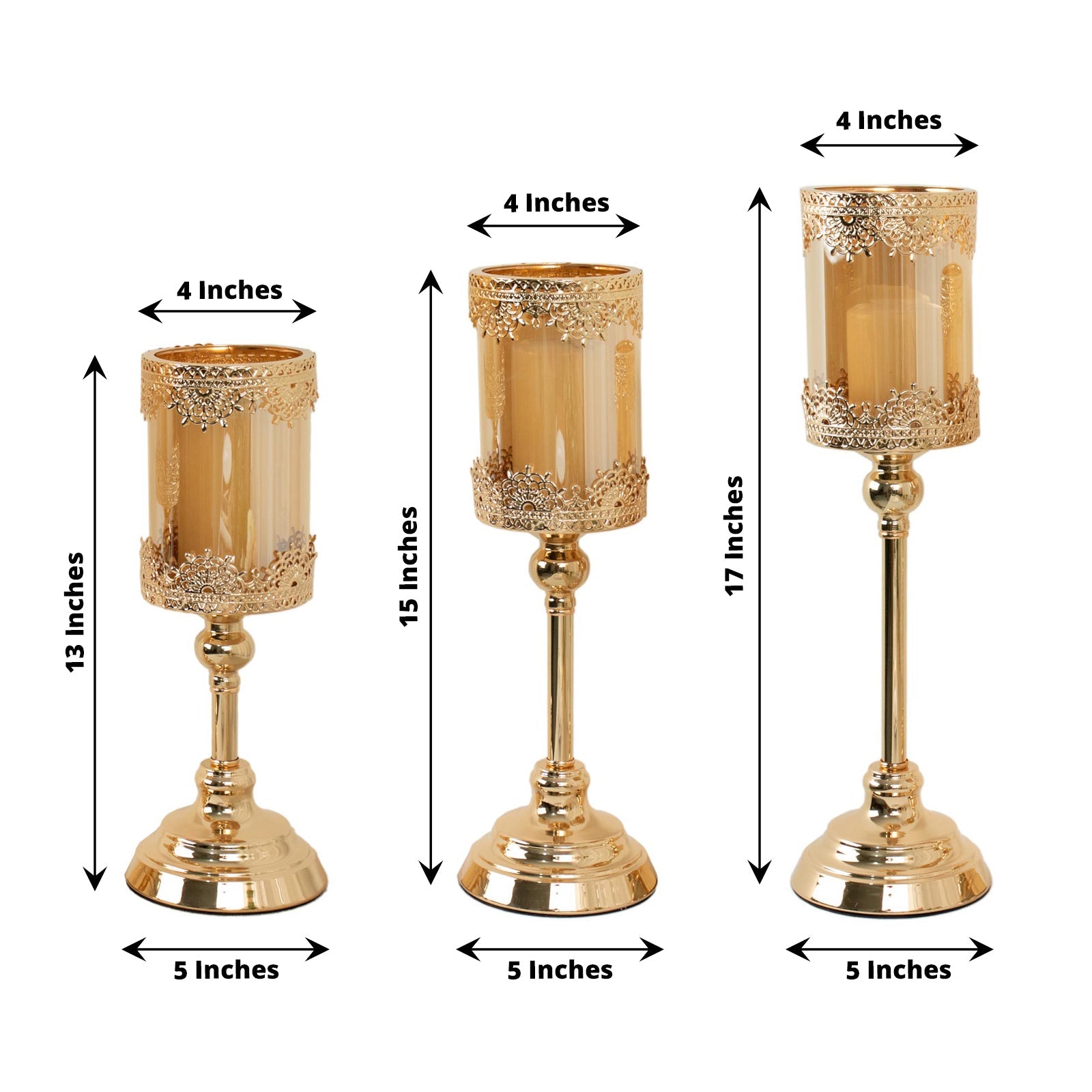 Antique gold lace design votive candle stands set of 3, 13", 15", 17" tall.