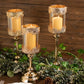 Antique gold lace design candle stands with hurricane glass holders, set of 3.
